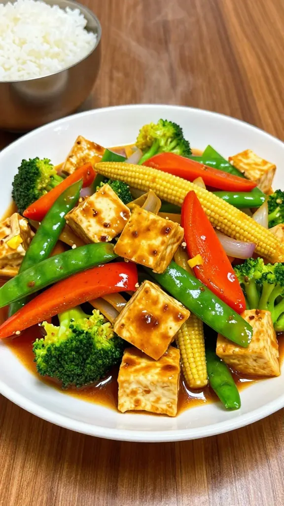A colorful Thai vegetable stir-fry with crispy tofu cubes, broccoli, and bell peppers in a glossy soy-ginger sauce over rice.