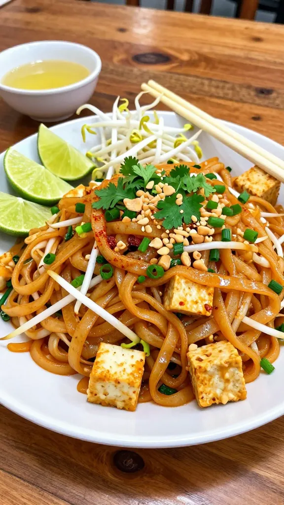 A plate of traditional Pad Thai noodles with bean sprouts, green onions, crushed peanuts, and fresh lime wedges.