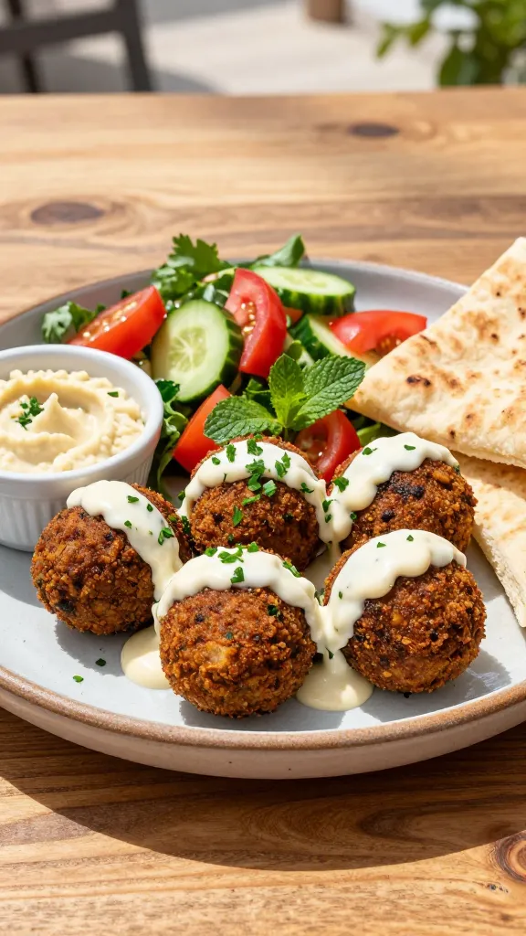 A Mediterranean falafel platter featuring crispy falafel balls, hummus, warm pita bread, and a fresh cucumber tomato salad.