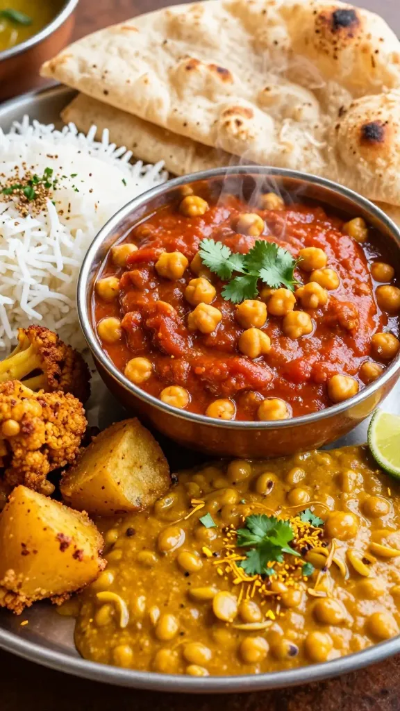 A warm bowl of Chana Masala chickpea curry served alongside steamed basmati rice.