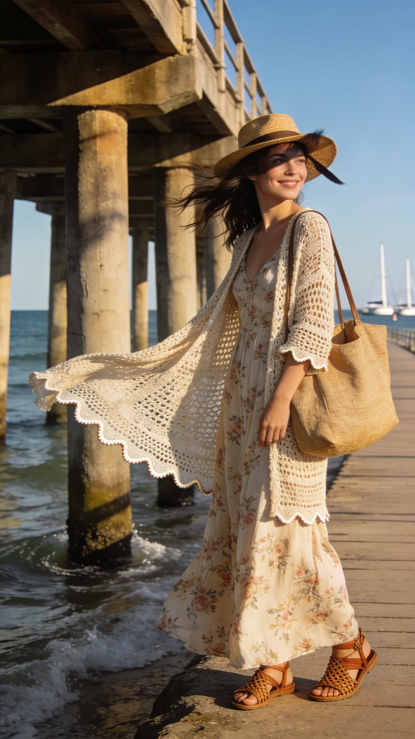Boho Beach Outfit Inspiration: Relaxed woman in cream dress and crochet shawl, woven bag, sun-kissed by turquoise waves—ideal for summer wanderers. Save this idea so you can come back to it later.