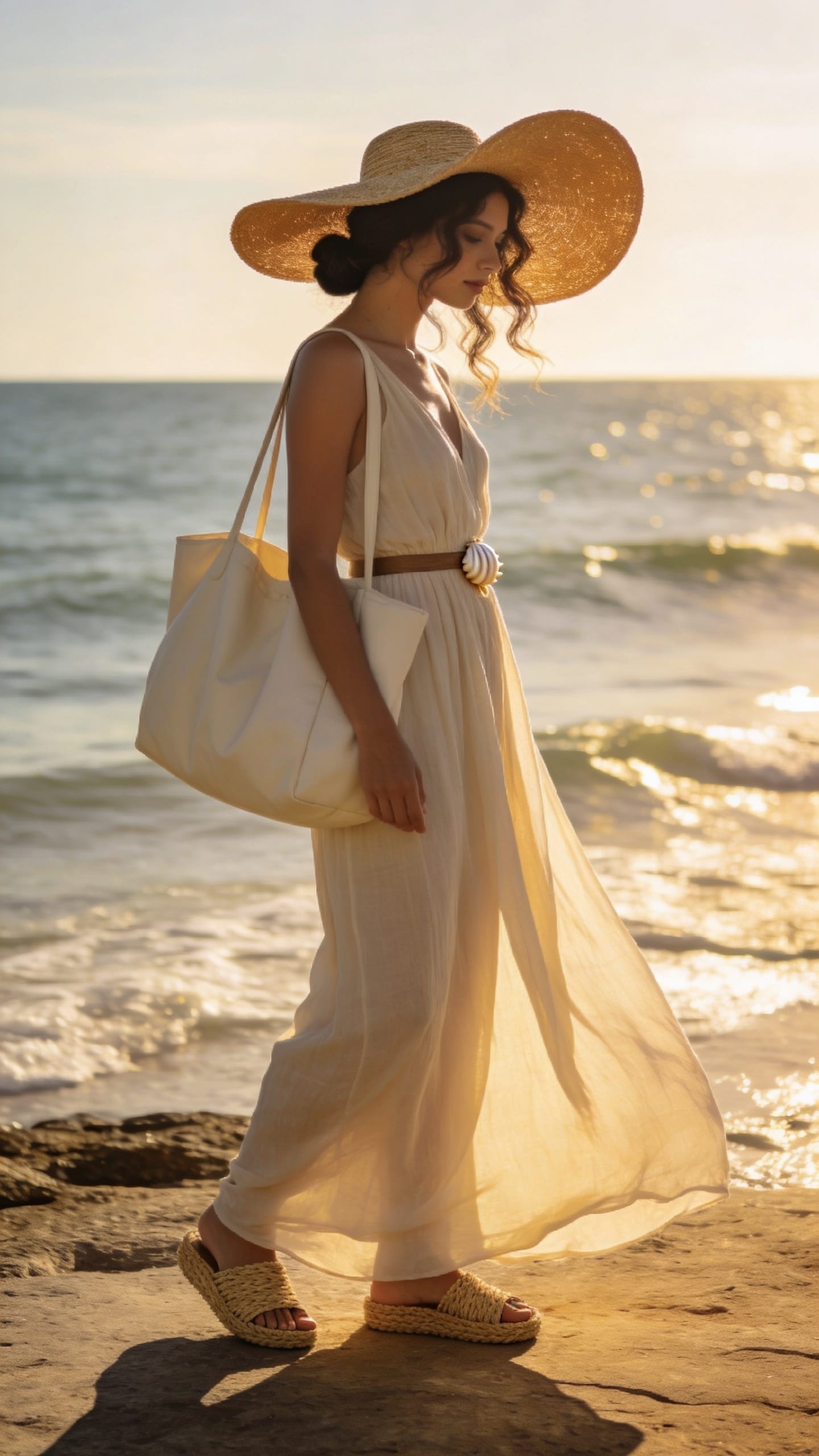 Boho Beach Outfit Inspiration: Relaxed woman in cream dress, woven bag, sun-kissed by turquoise waves—ideal for summer wanderers. Save this idea so you can come back to it later.
