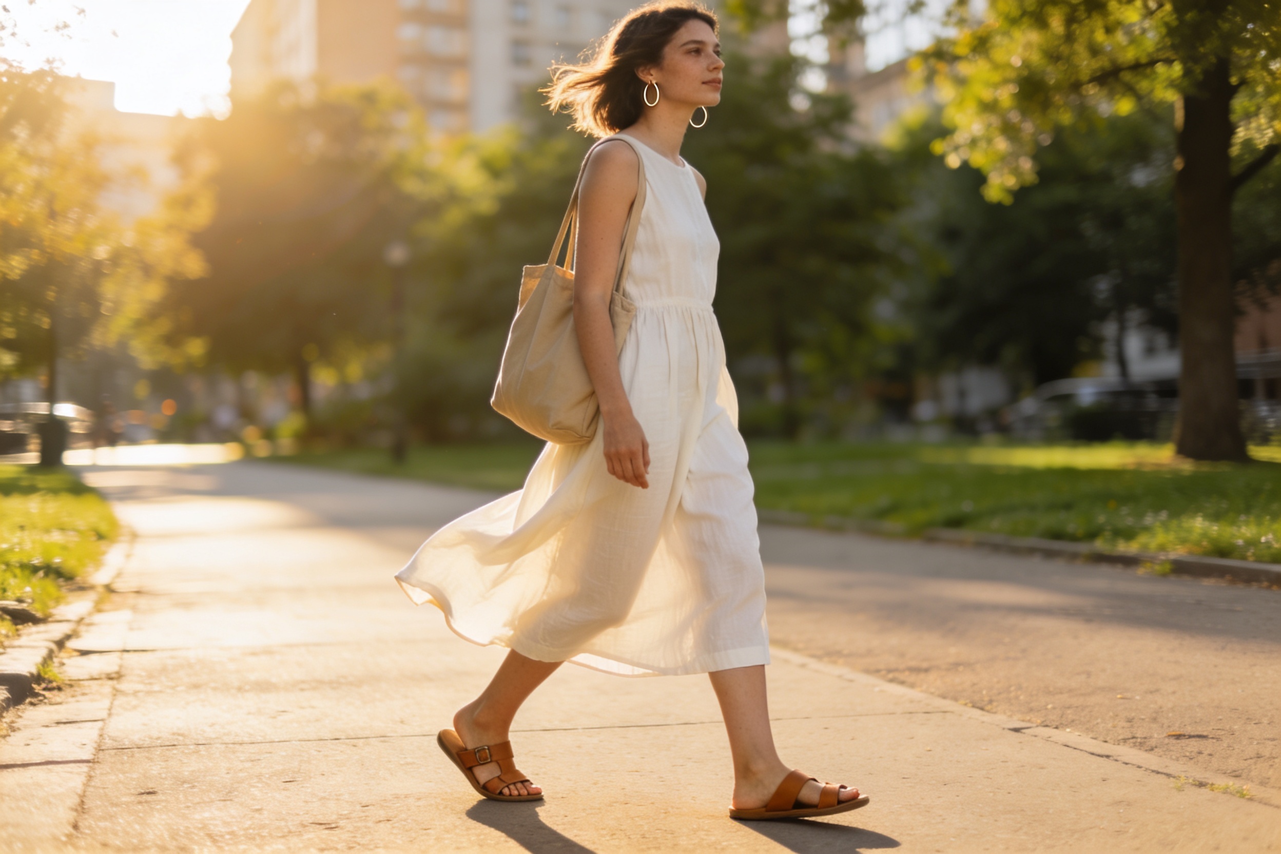 Cotton dress outfit ideas featuring a pale sand cotton midi dress with flat leather sandals, a structured tote bag, and bold statement sunglasses.