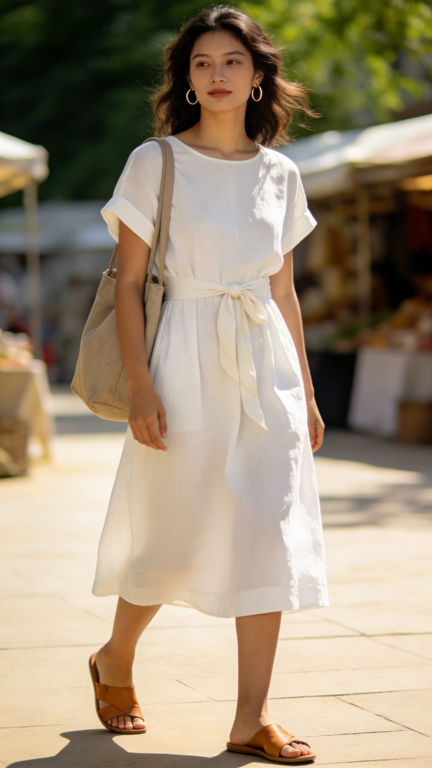 Mid-length soft ivory cotton sundress styled with tan flat leather sandals, a neutral tote bag, minimalist hoop earrings, and classic sunglasses.