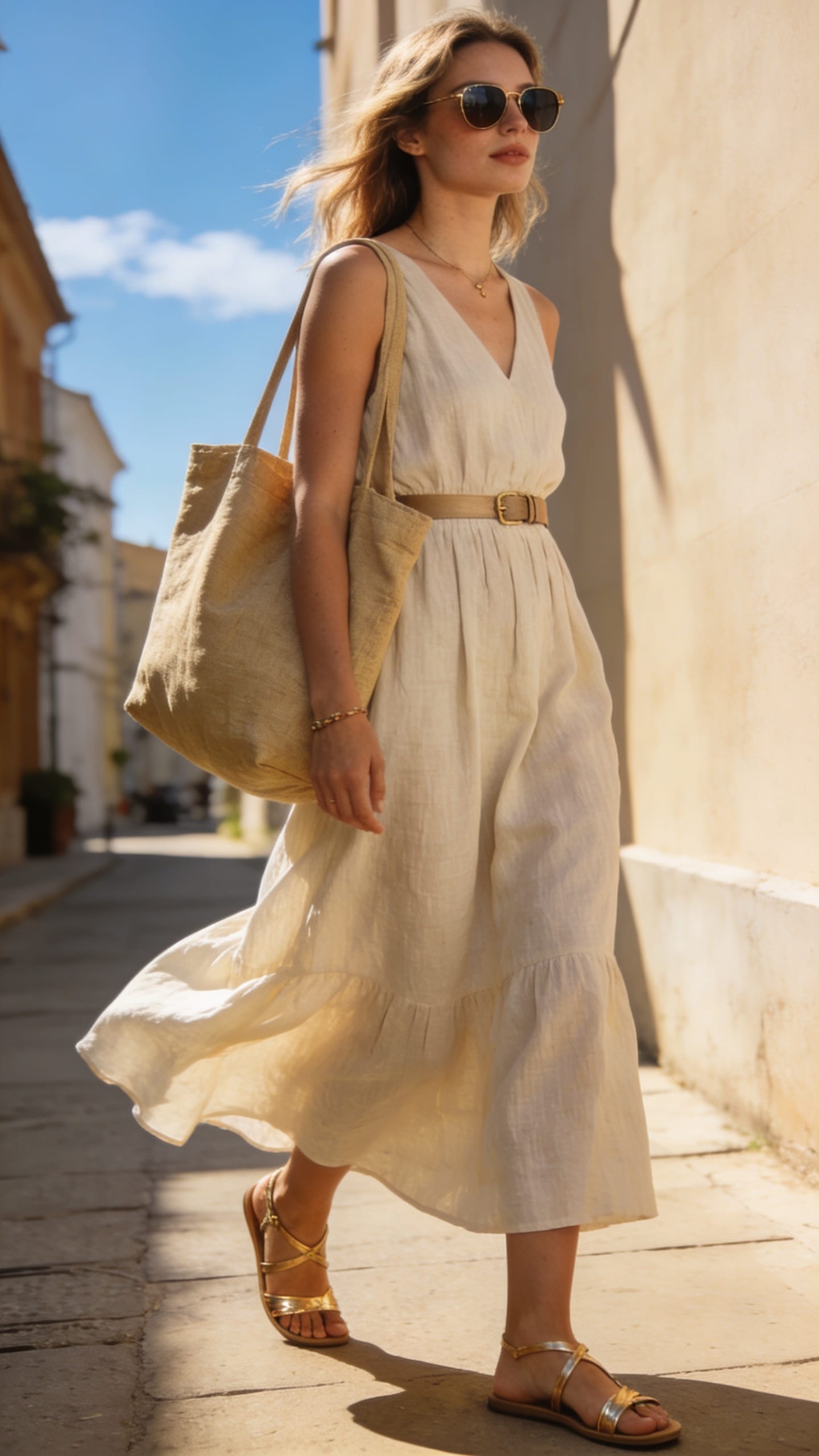 Cotton maxi dress with a subtle A-line silhouette paired with flat gold strappy sandals, a large natural canvas tote, and classic UV protective sunglasses.