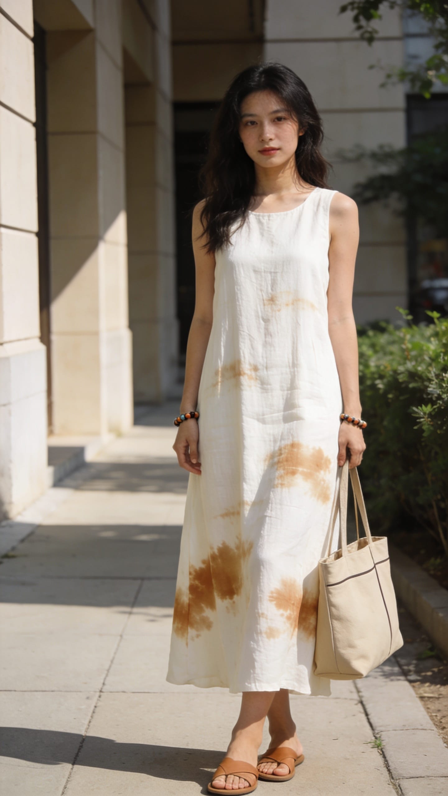 Cream cotton dress with subtle neutral tie-dye accents styled with warm tan flat sandals, a beige tote with clean lines, and simple bead bracelets.