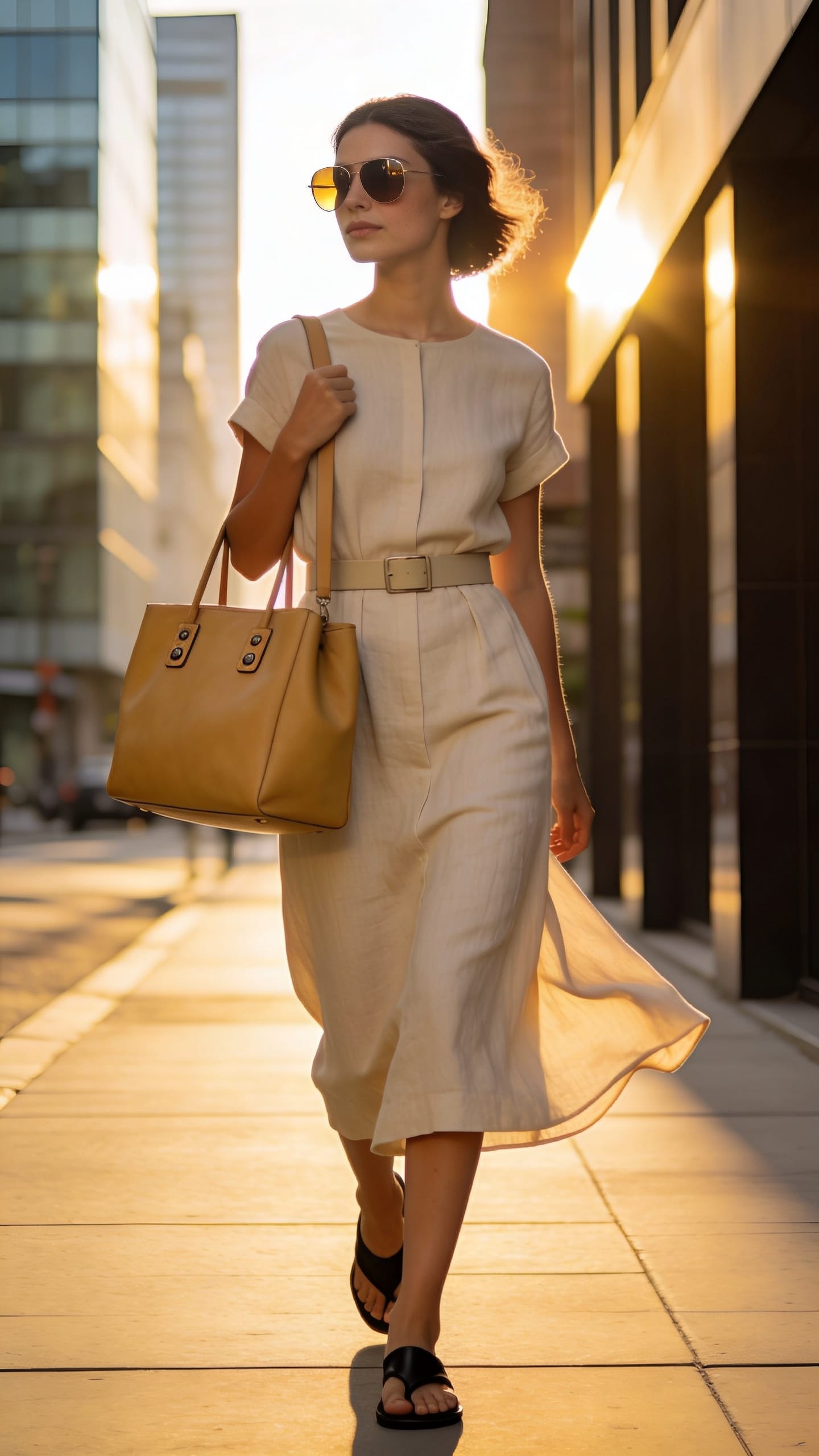 Cotton dress outfit ideas featuring Pale sand or oyster cotton midi dress paired with black or natural flat leather sandals, a structured tote with subtle hardware, and bold statement sunglasses.