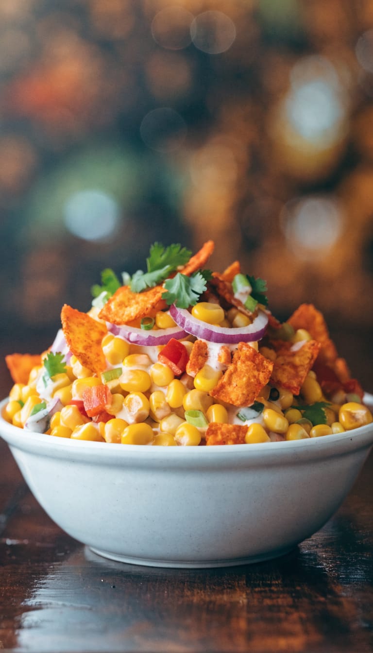 closeup Frito corn salad in white ceramic bowl