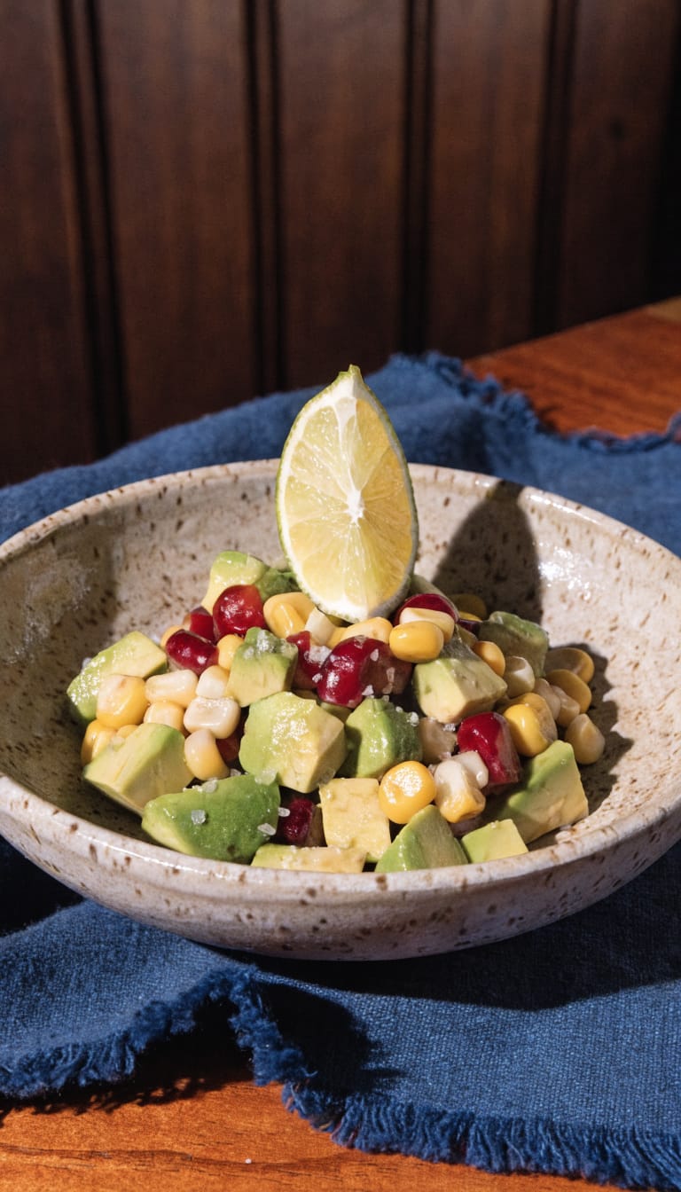 avocado corn salad in shallow stoneware bowl, lime wedge garnish, showcasing easy corn salad recipes with fresh summer corn and colorful veggies
