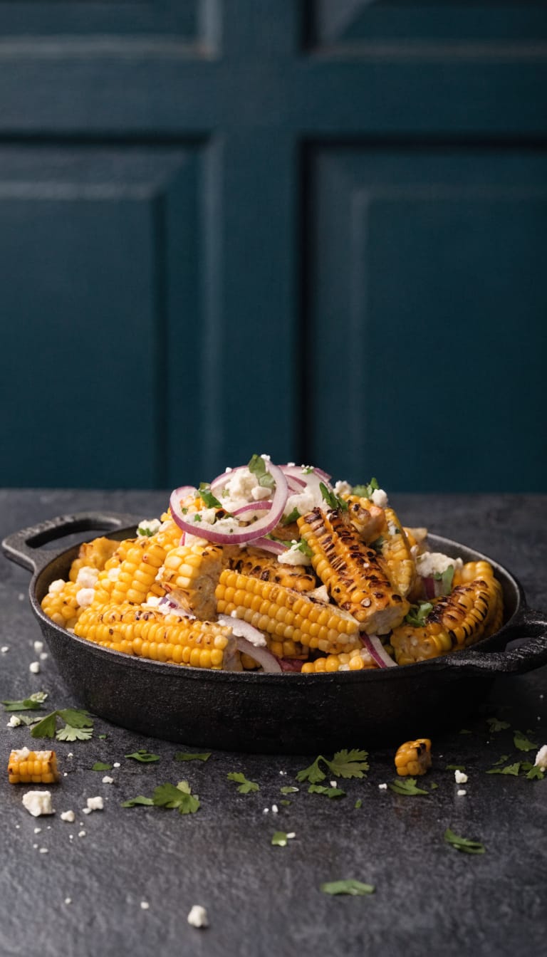 grilled corn salad in cast-iron skillet, charred kernels