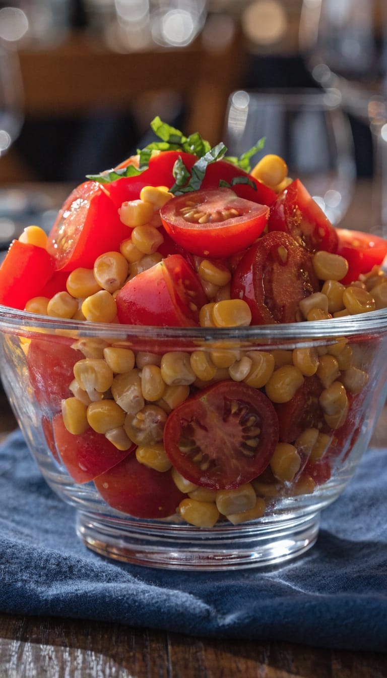 tomato corn salad in glass bowl, basil chiffonade on top