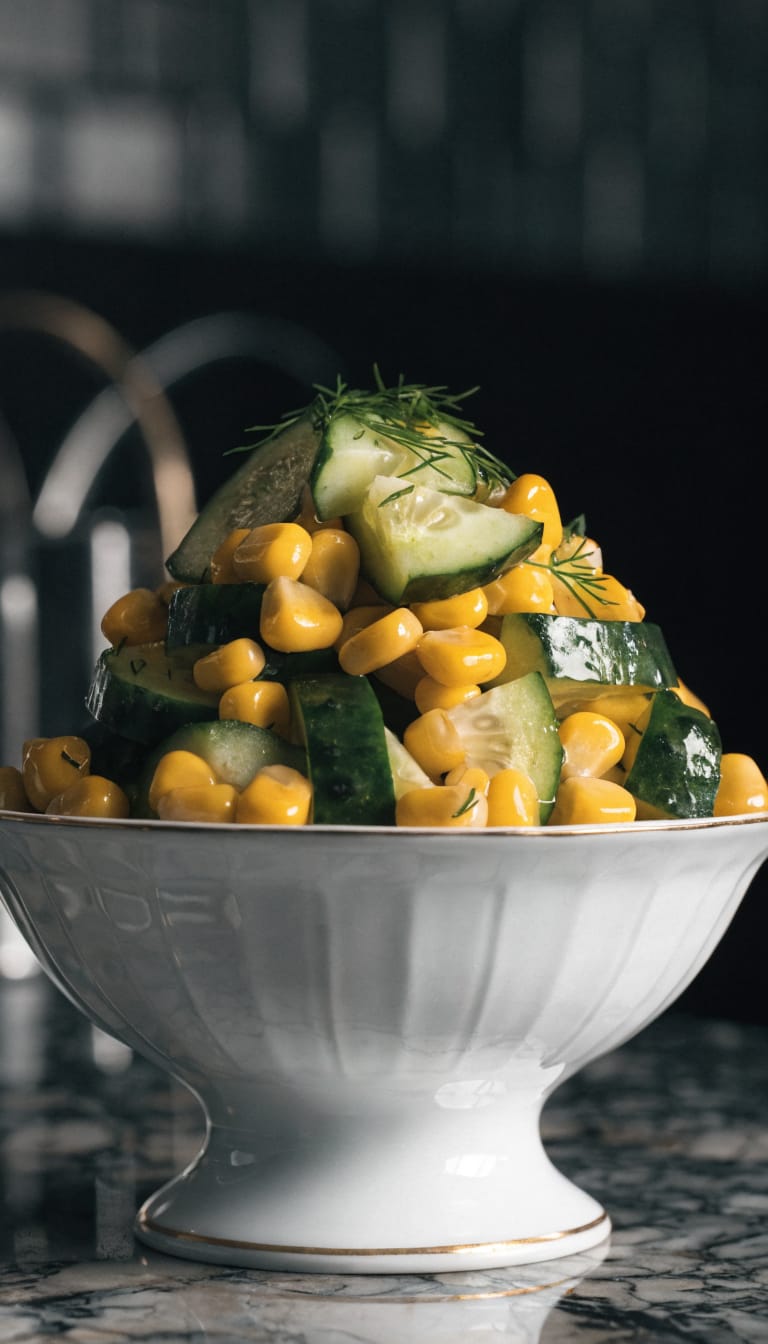 cucumber corn salad in porcelain bowl, dill sprinkled