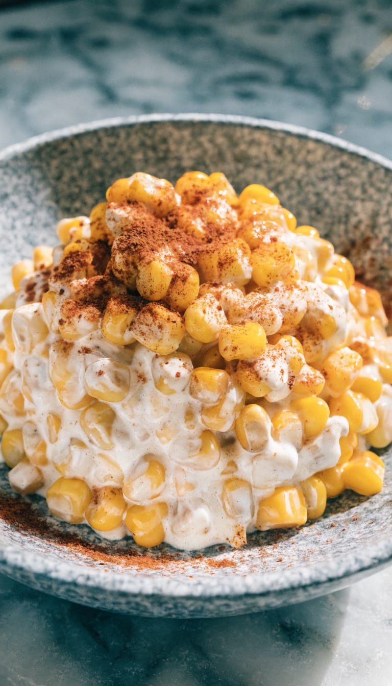 creamy corn salad in gray bowl, paprika dusting