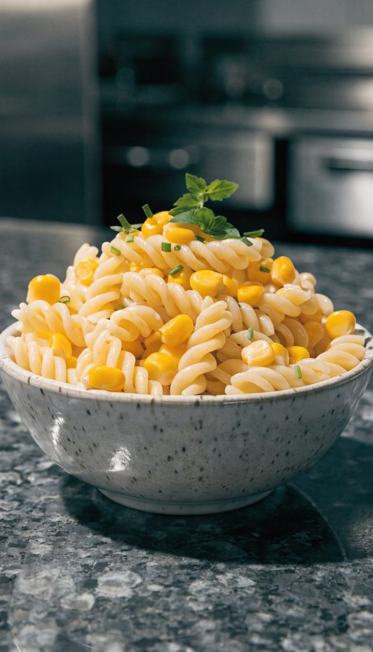 creamy corn pasta salad in speckled ceramic bowl