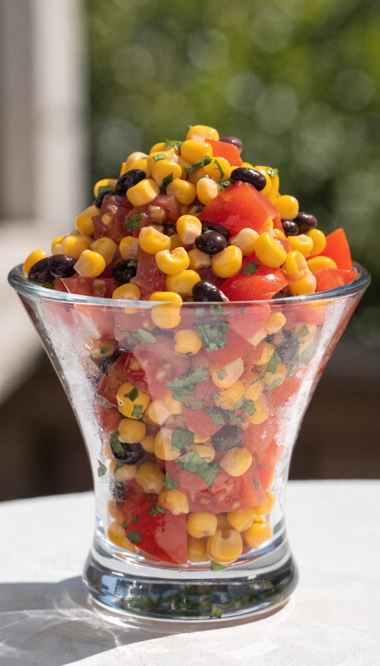 single dish of cowboy caviar corn salad, black beans visible