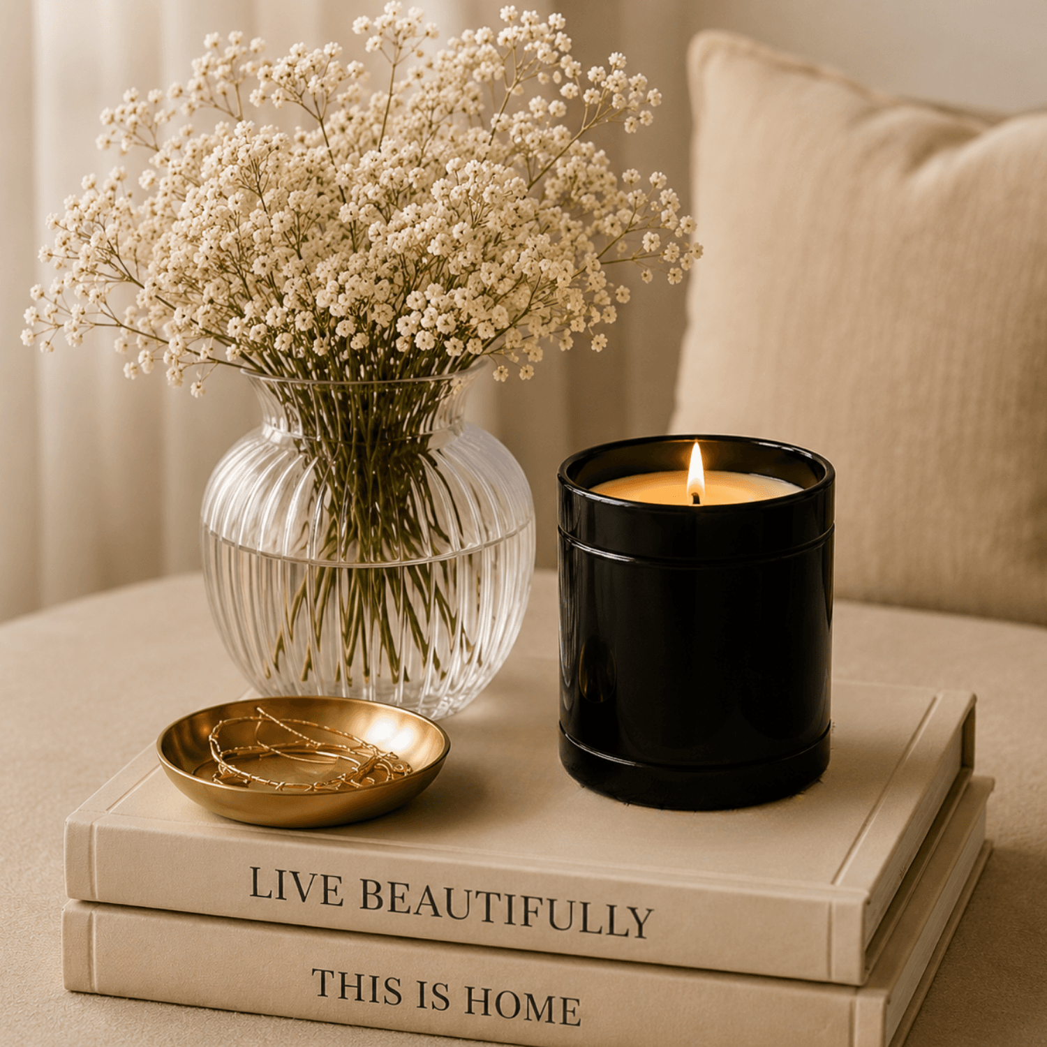 Cozy Book Nook Decor: Airy baby&rsquo;s breath, a glowing black candle &amp; gold jewelry on textured books&mdash;perfect for chic home vibes. Save this idea so you can come back to it later.