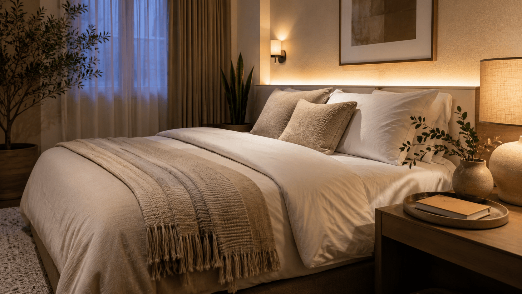 Cozy Guest Retreat: Sunlit, soothing bed with crisp linens, lush plants, and plush pillows—ideal for guest comfort. Save this idea so you can come back to it later.