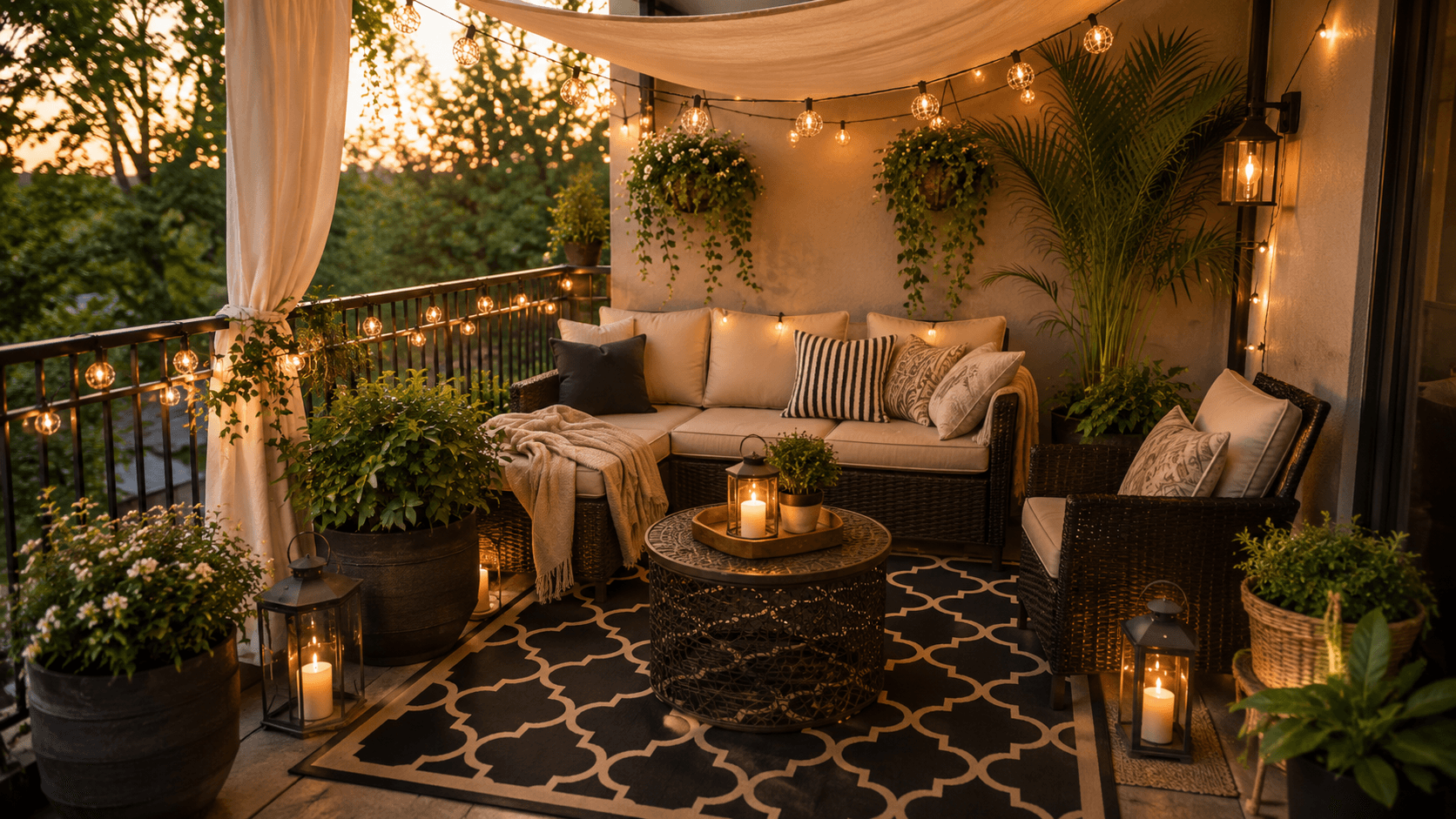 Small outdoor space ideas come to life in this cozy balcony retreat with compact wicker seating, a patterned outdoor rug, warm string lights, lanterns, layered plants, and a soft shade canopy.