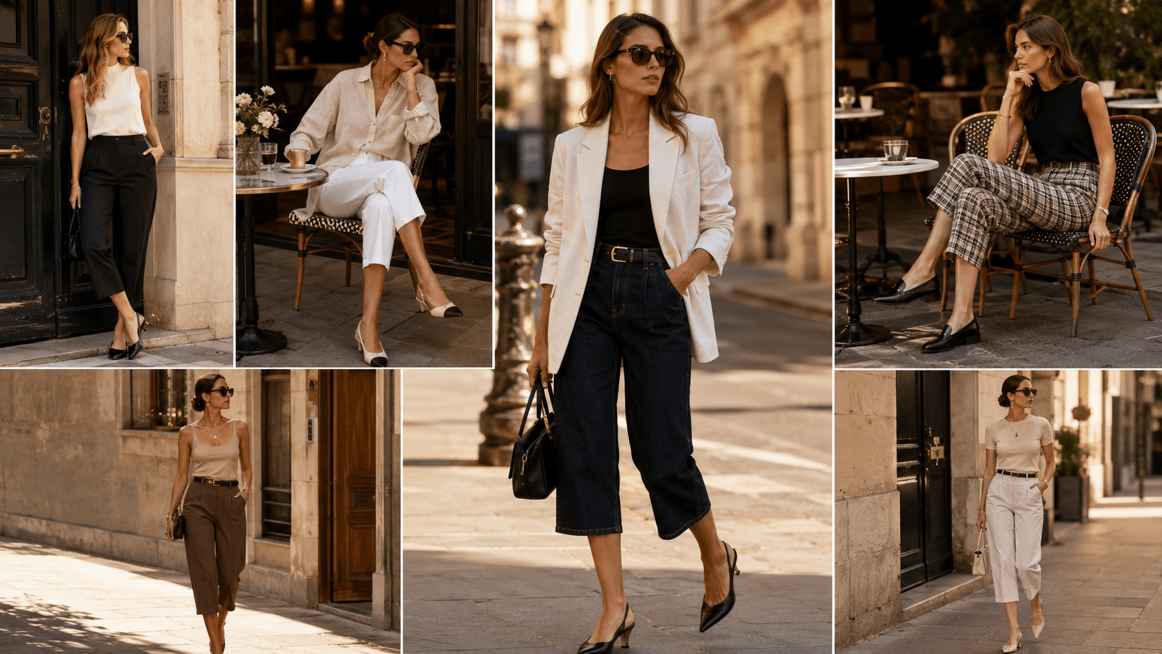 Modern capri pants outfits inspiration featuring multiple styled looks, including black capri pants, white capri pants outfit, denim capri pants, and plaid capri pants, with chic shoes and accessories for summer and winter styling.