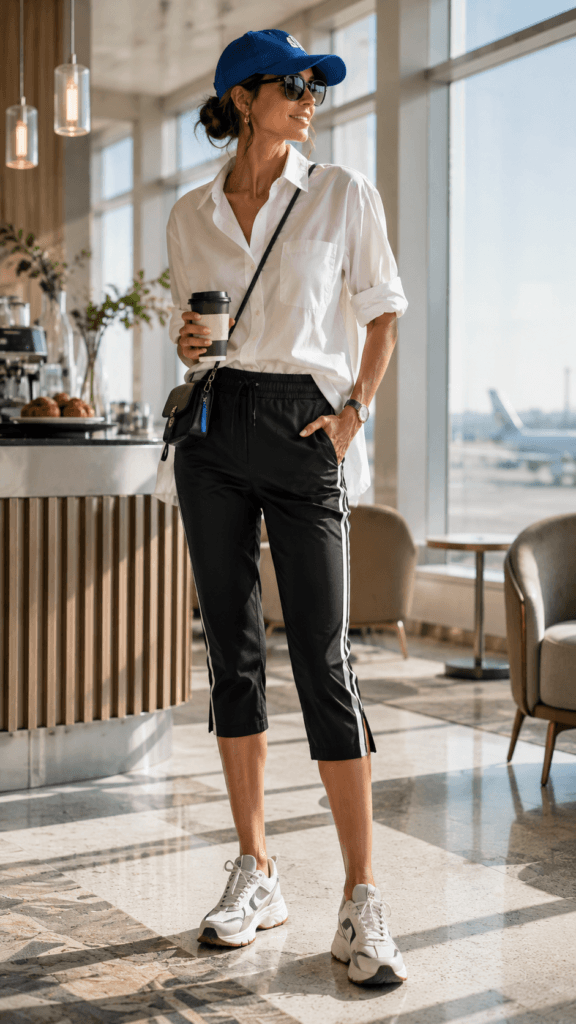 Airport Chic Outfit Inspo: Confident, travel-ready woman in crisp shirt &amp; striped Capris at sunlit terminal&mdash;stylish yet comfy. Save this idea so you can come back to it later.