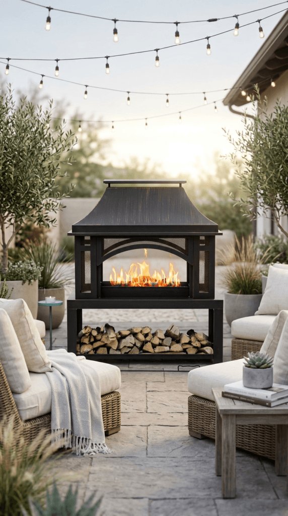 Cozy Sunset Fire Pit: Plush wicker chairs, beige cushions, and glowing string lights create a serene outdoor vibe&mdash;perfect for relaxing. Save this idea so you can come back to it later.