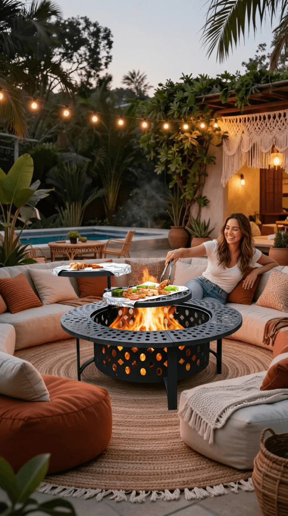 Cozy Backyard Oasis: Relaxed woman lounging on plush curved sofa, vibrant pillows and string lights&mdash;perfect for outdoor nights. Save this idea so you can come back to it later.