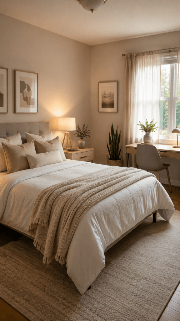 Dreamy Guest Retreat: Soft-lit bed with plush pillows, chic art, airy curtains, and leafy plant&mdash;relax in style. Save this idea so you can come back to it later.
