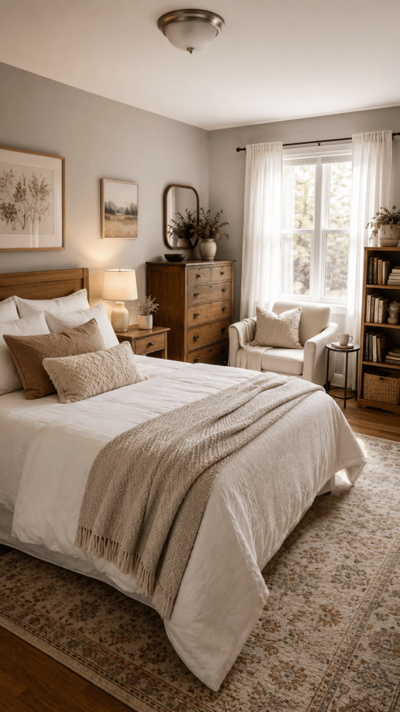 Inviting Guest Retreat: Sunlit serene bed with plush textures, wood accents, plants&mdash;creates a restful escape. Save this idea so you can come back to it later.