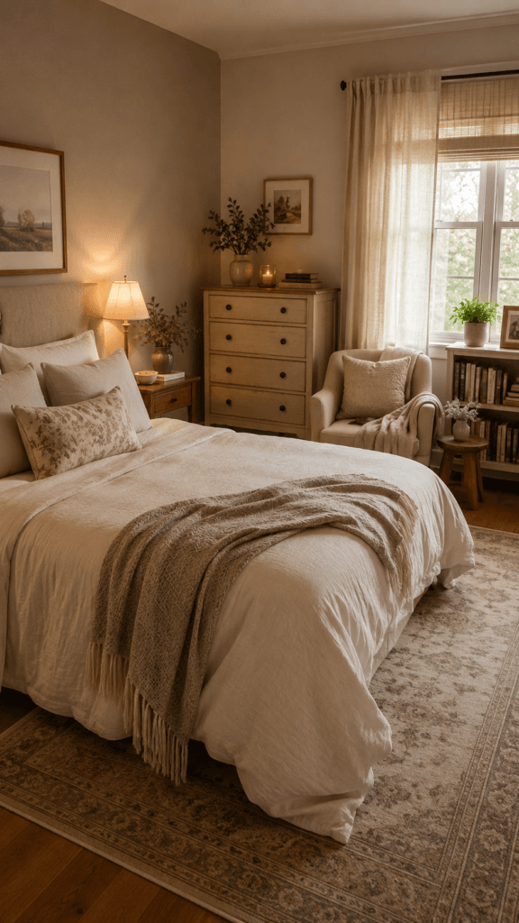 Cozy Guest Bedroom Retreat: Plush cream bed with knit throw, armchair by sheer-lit window, vintage dresser, for relaxing nights. Save this idea so you can come back to it later.