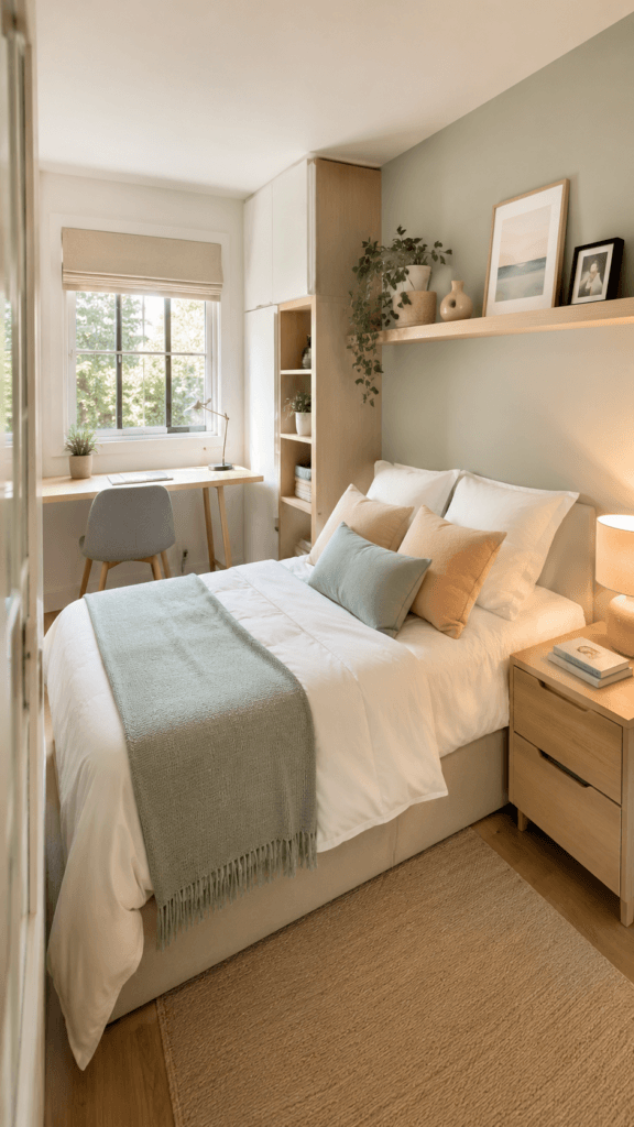 Dreamy Guest Room Retreat: Sunlit, tranquil bed with soft pastel layers, lush green throw, and smart storage. Save this idea so you can come back to it later.