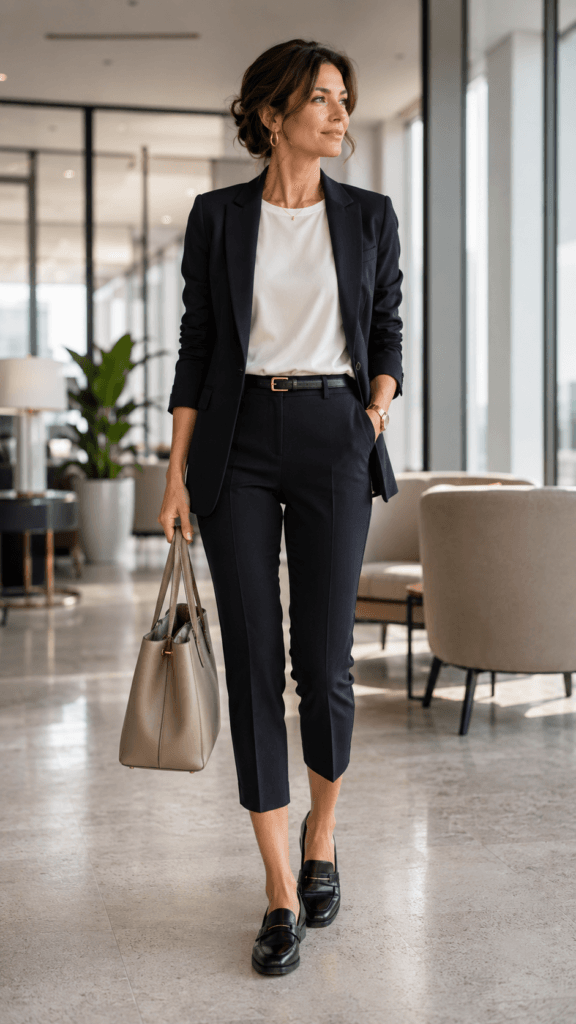 Chic Power Office Look: Confident, modern woman in tailored black suit, crisp loafers; sleek bag completes work-ready style. Save this idea so you can come back to it later.