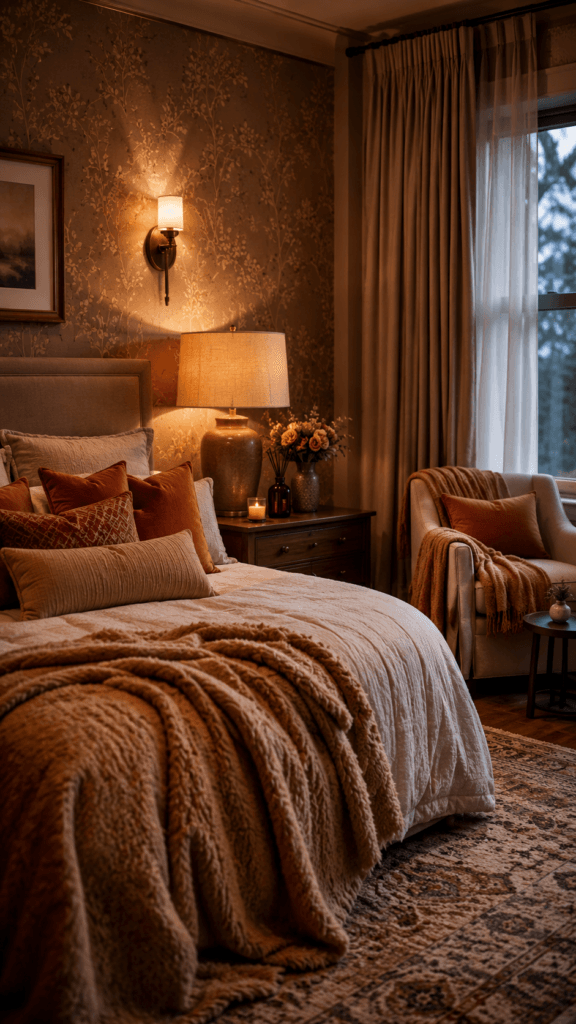 Cozy Bedroom Escape: Plush bed with luxe pillows, floral wallpaper, soft lighting &amp; flower-topped table&mdash;perfect for relaxing. Save this idea so you can come back to it later.