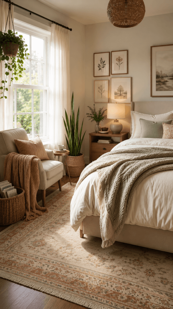 Sunlit Retreat: Relaxing guest bed with plush beige linens, textured rug, lively plants &amp; art. Perfect for calm mornings. Save this idea so you can come back to it later.