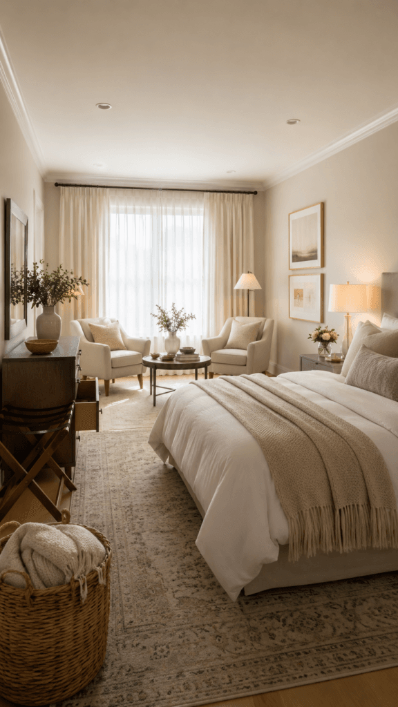 Inviting Guest Retreat: Sunlit, serene bed with soft linens, woven basket, vintage dresser&mdash;perfect for guest comfort. Save this idea so you can come back to it later.