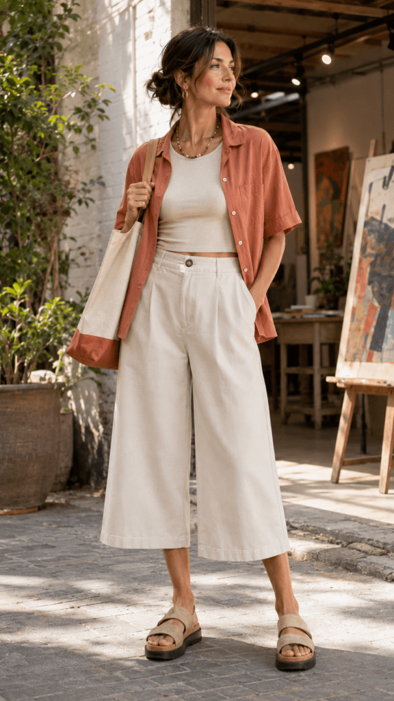 Chic Outfit Inspo: Effortlessly styled woman rocks rust shirt, beige crop top, flowy culottes, gold accessories&mdash;save this idea so you can come back to it later.