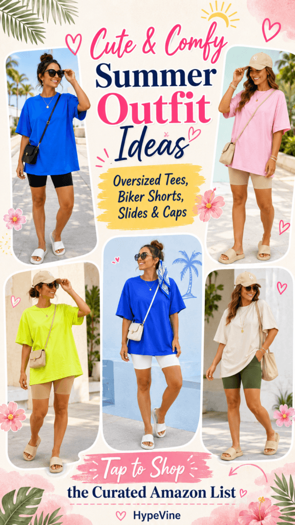 Women wearing a bright oversized tee tucked into black biker shorts with white slide sandals and a cream baseball caps