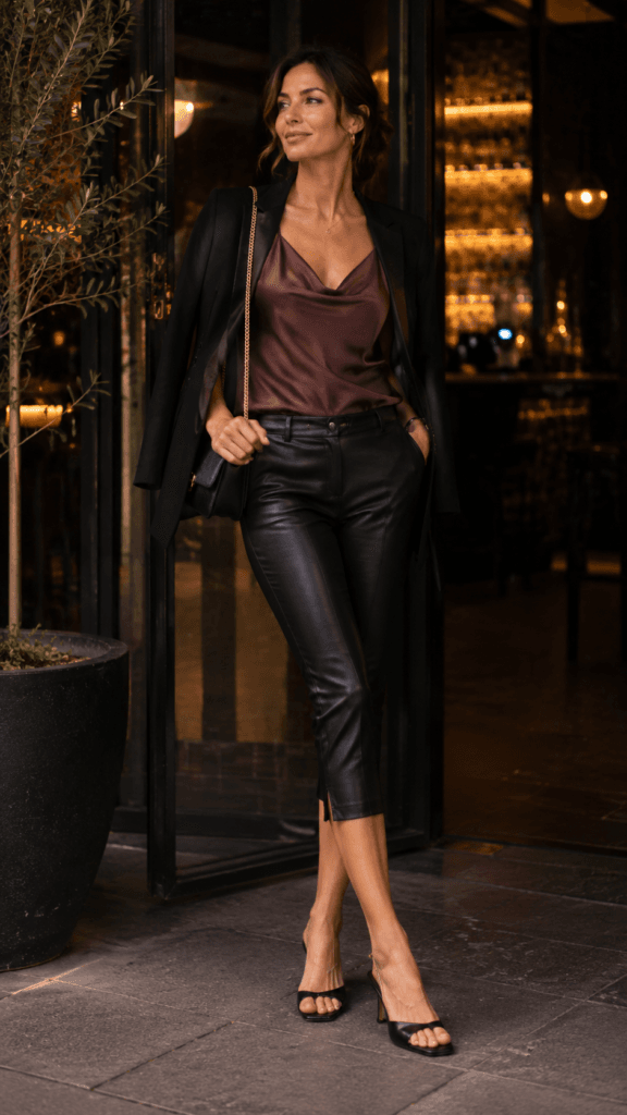 Chic Night Out Outfit: Confident woman rocks sleek leather capris, silky cami, and strappy heels&mdash;effortless statement style. Save this idea so you can come back to it later.