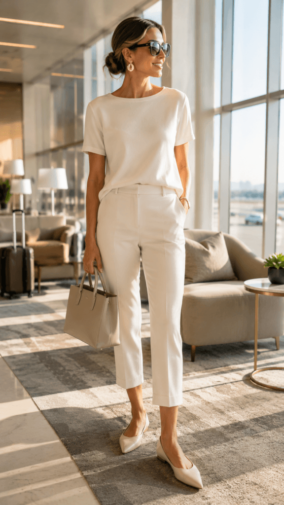 Chic Travel Style: Confident, sunlit woman in sleek capris, gold earrings, white blouse&mdash;ideal for elegant getaways. Save this idea so you can come back to it later.