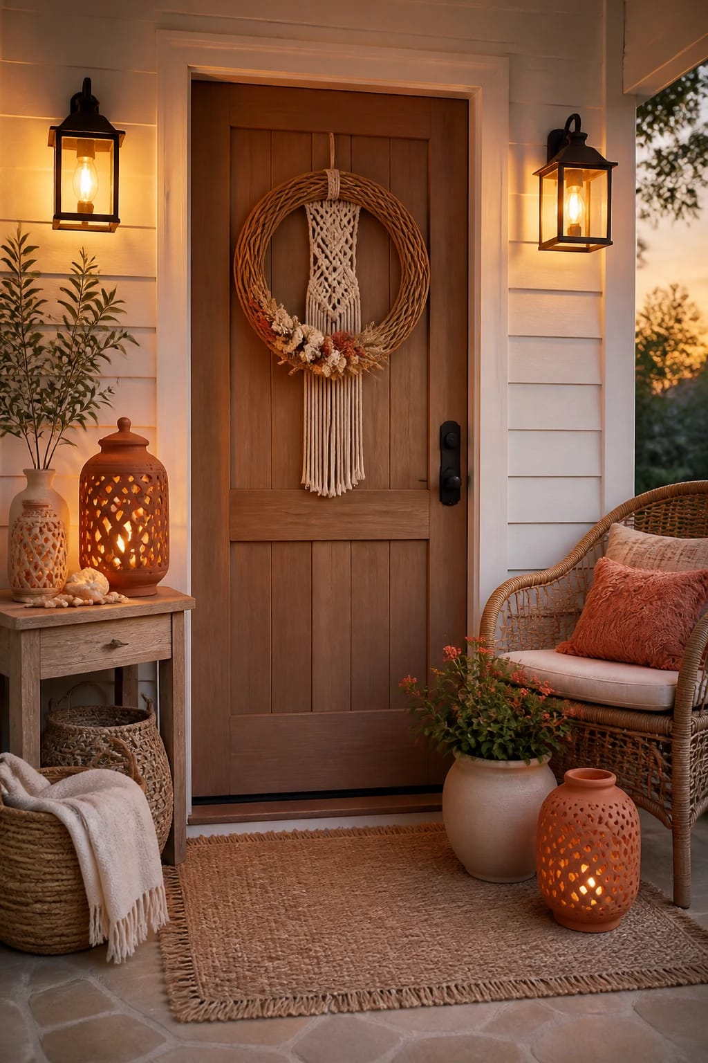 Bright and airy front porch entryway featuring a woven macrame door wreath, warm ceramic lanterns, and casual rattan accent chairs for a welcoming boho vibe.