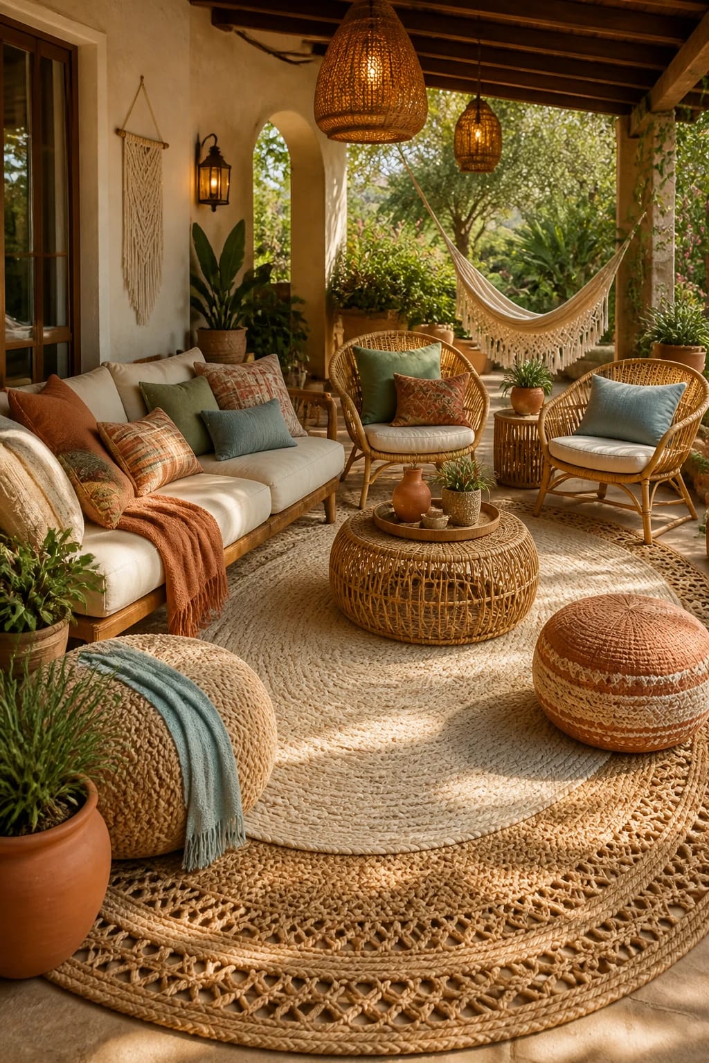 Relaxed outdoor living room with layered neutral geometric and round jute area rugs, low-profile boho lounge seating, and plush terracotta and sage green pillows.