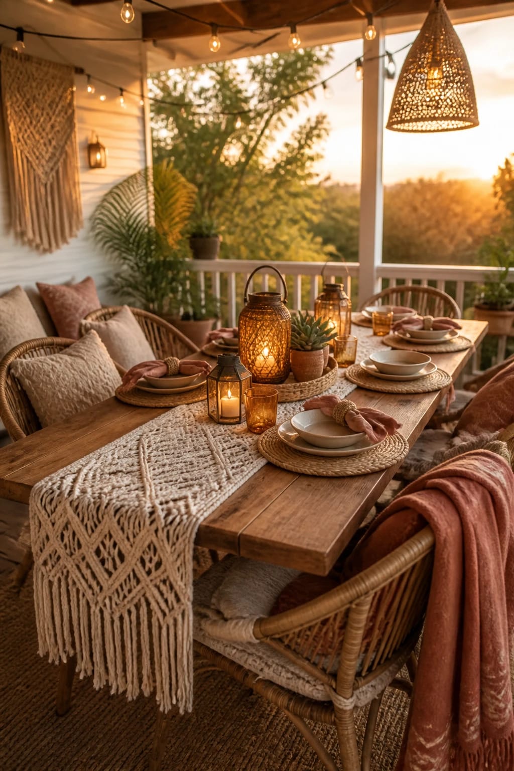 Al fresco dining setup featuring a natural wood dining table, a delicate macrame table runner, warm ambient string lights overhead, and amber glass accents.