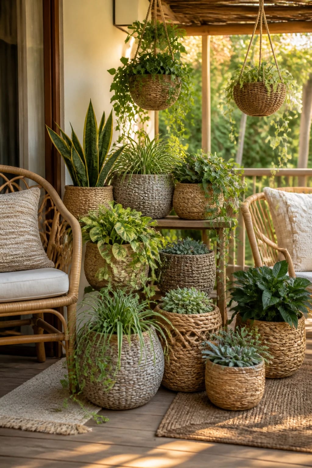 A collection of varied woven baskets and textured plant holders filled with trailing ivy and vibrant green succulents on a bright, minimalist boho porch.