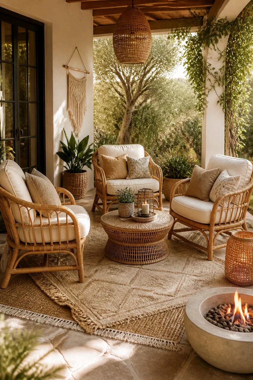 Classic rattan armchairs paired with a low-profile wooden coffee table and a cozy mix of plush neutral, textured ivory throw pillows.