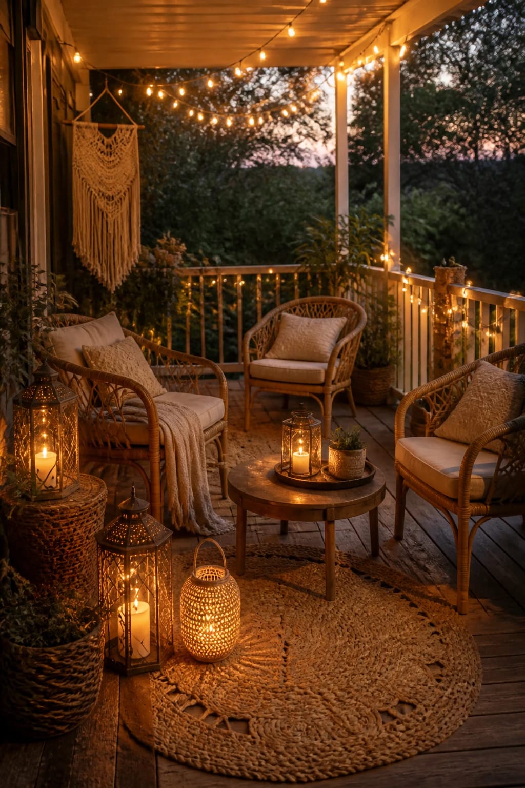 Magical evening porch lighting featuring an array of mixed metal and woven floor lanterns casting a warm, ambient glow on cozy outdoor seating.