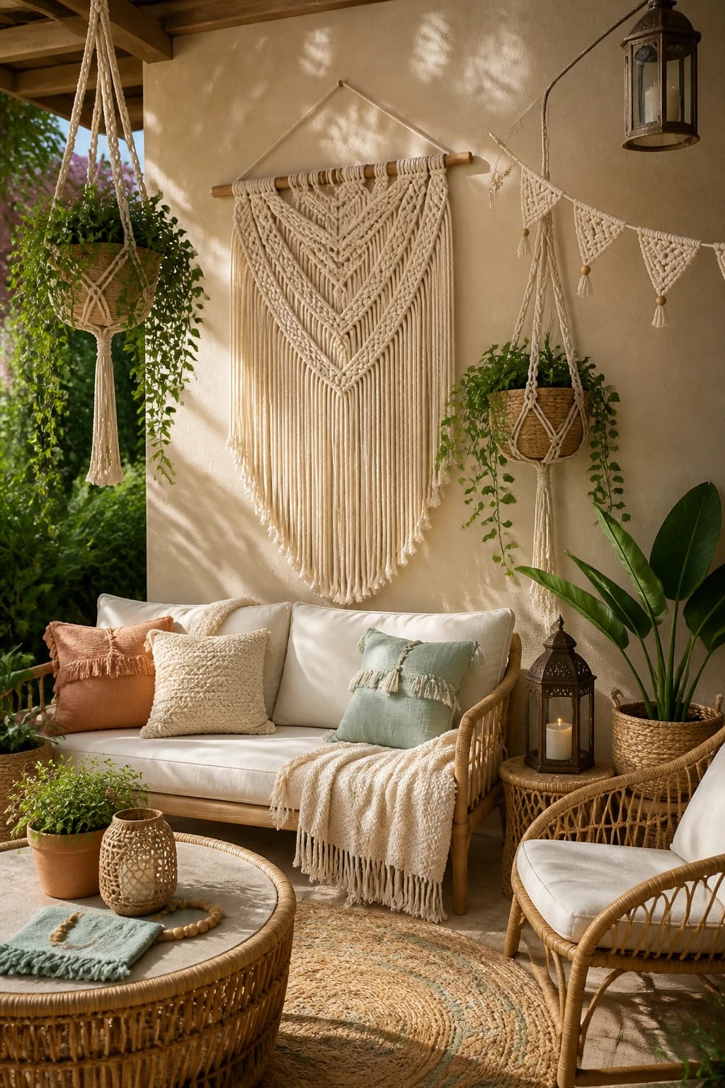 Minimalist white brick porch wall adorned with an intricate, handmade large macrame wall hanging and delicate woven boho textiles.