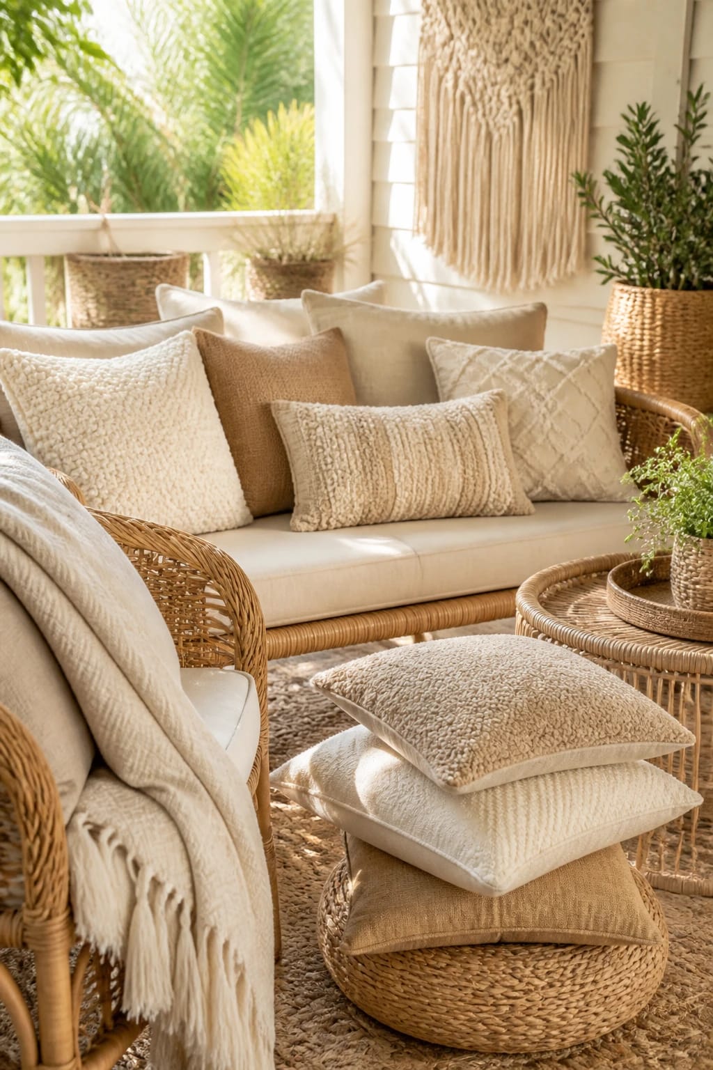 An inviting outdoor bench piled high with textured neutral throw pillows, including boucle and woven fabrics, draped with a lightweight cream blanket.