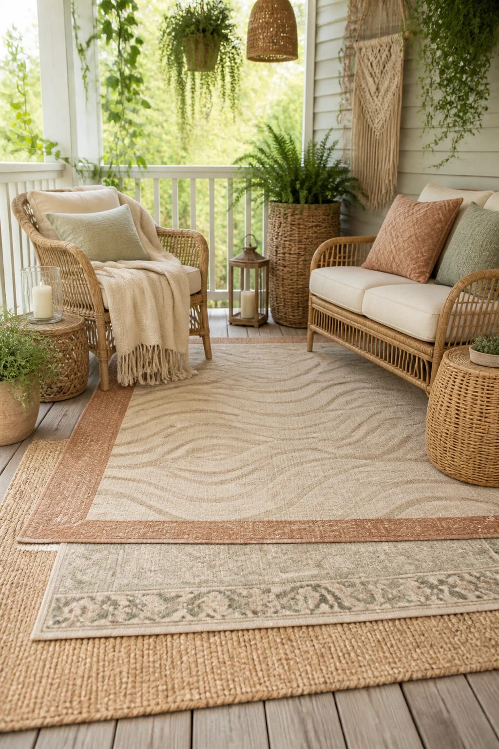 Close-up of layered neutral outdoor rugs showcasing a mix of flatweave geometric patterns and a natural round jute blend under bare feet.