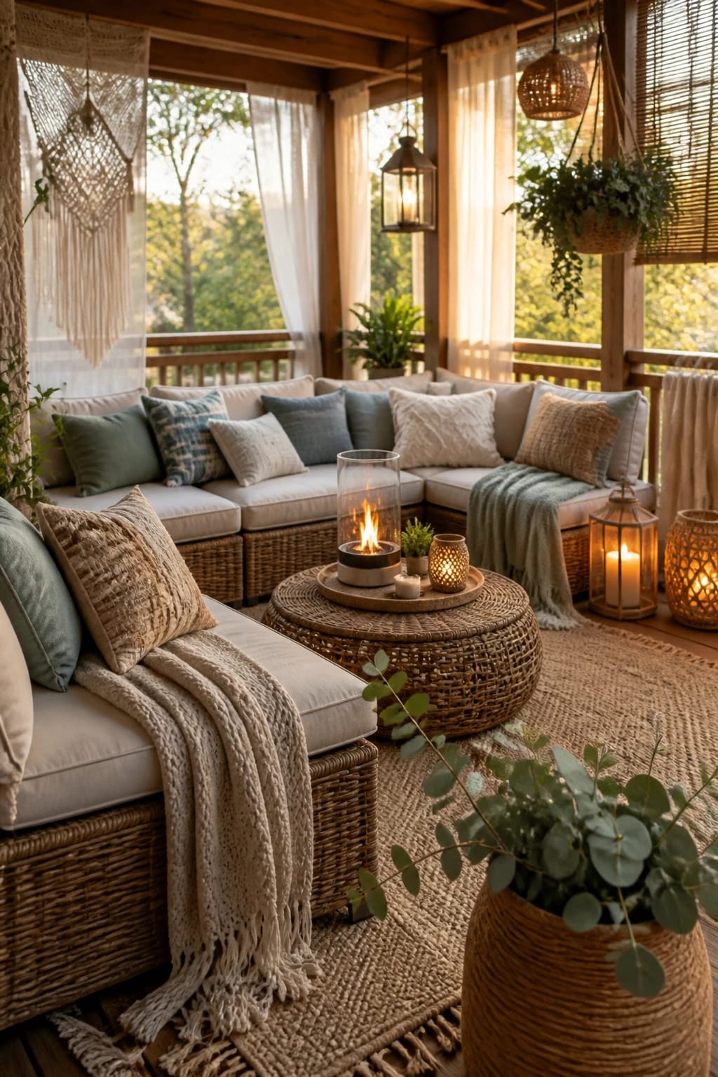 Multi-functional modular outdoor seating styled with weatherproof cream throw blankets and subtle eucalyptus green and soft blue accent cushions for year-round boho style.