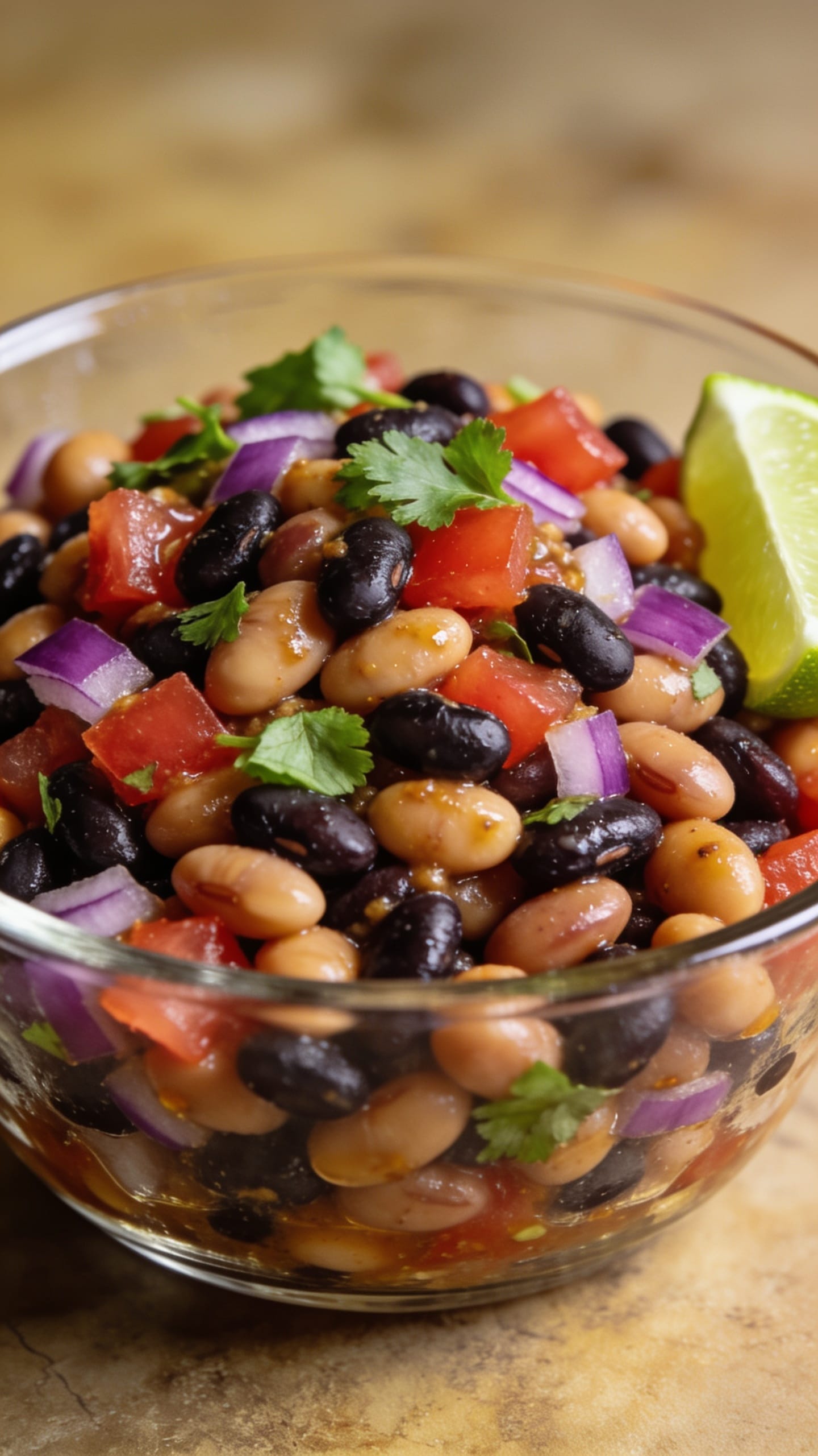closeup of vegan cowboy caviar bean mix in glass bowl