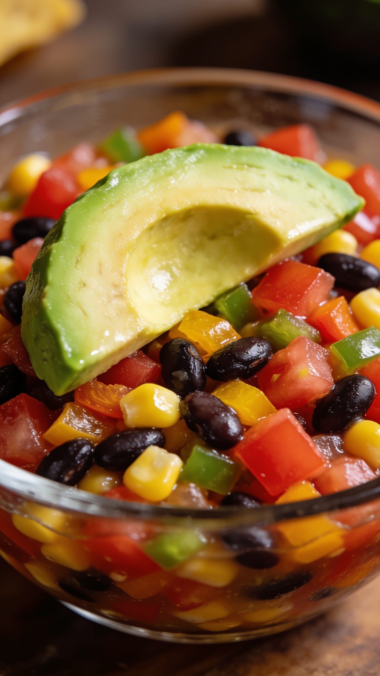 closeup of avocado slice atop colorful cowboy caviar bowl